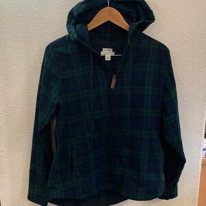 L.L. Bean Green and Blue Plaid Hooded light Jacket zipper M camping